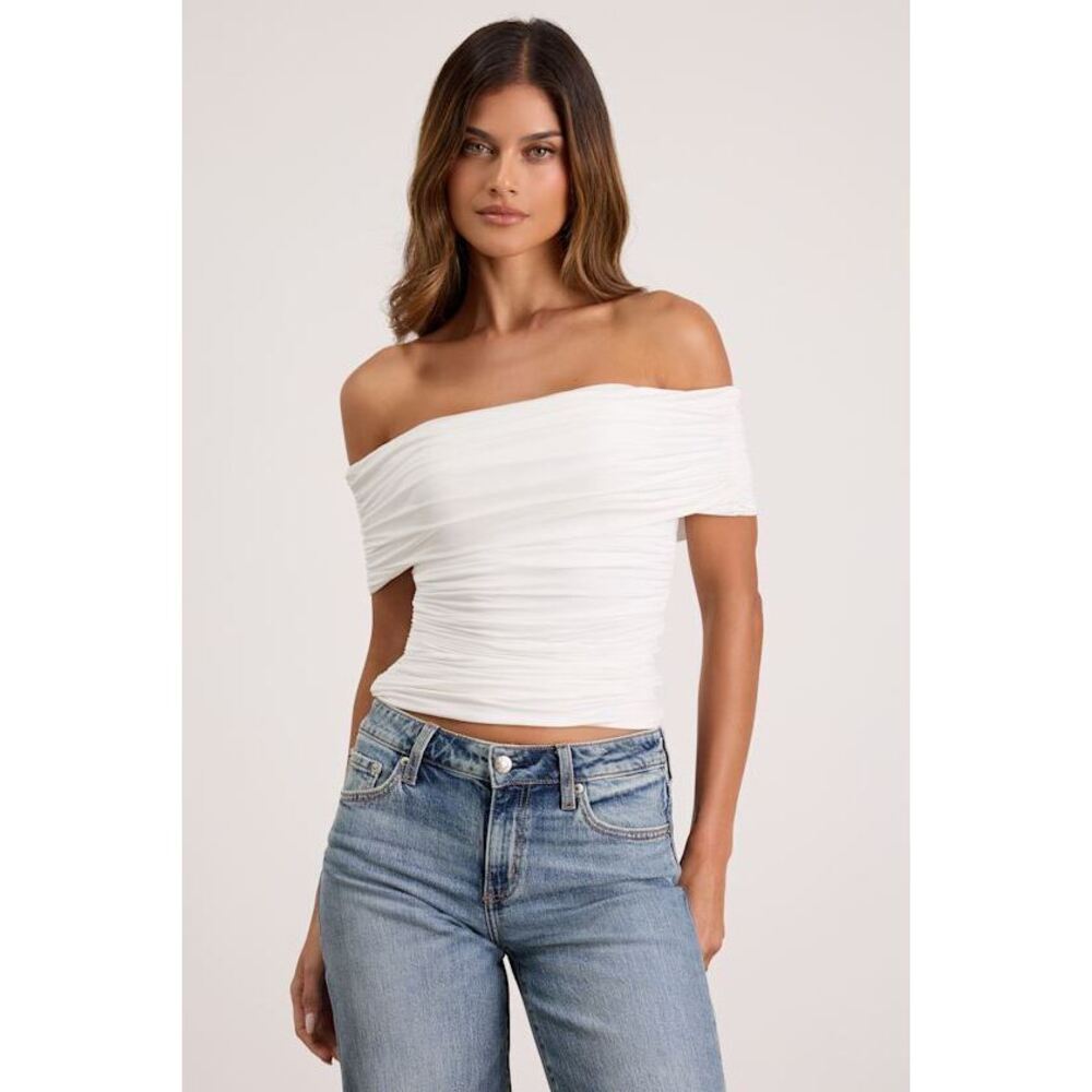Lulus Jarena White Ruched Off-the-shoulder Top - Size M